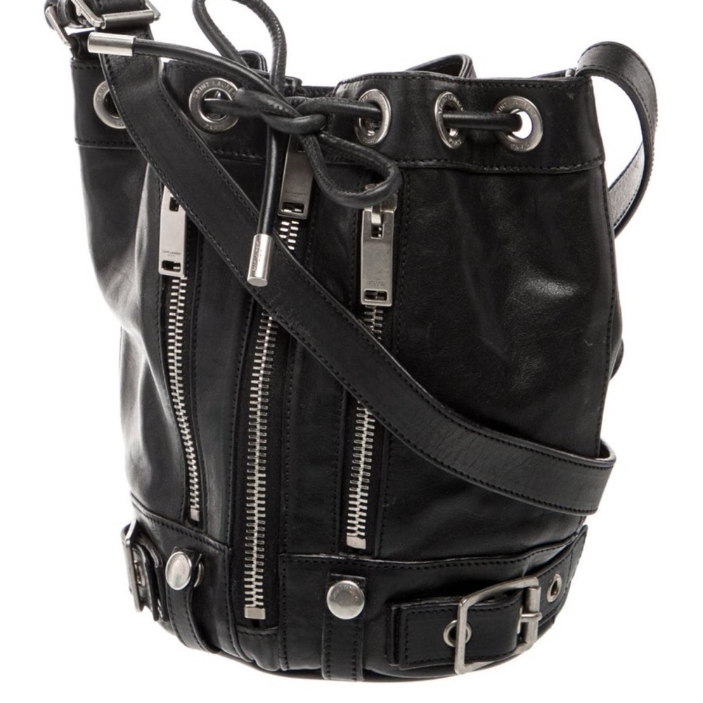 YSL Black Leather Bucket Bag Silver Belt Whimsigoth Crossbody Shoulder Goth EC - Picture 2 of 9